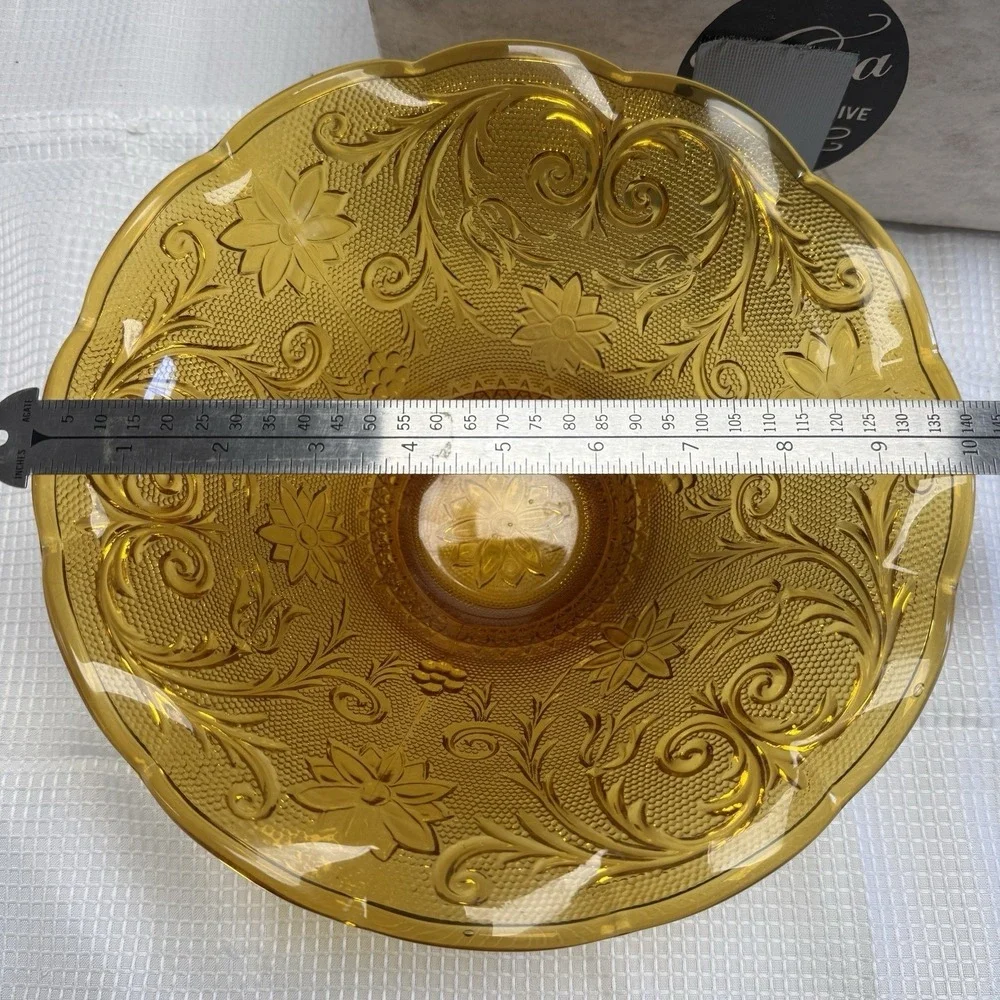 Vtg Indiana Tiara Sandwich Glass Amber/Gold Large Scalloped Pedestal‎ Bowl Box